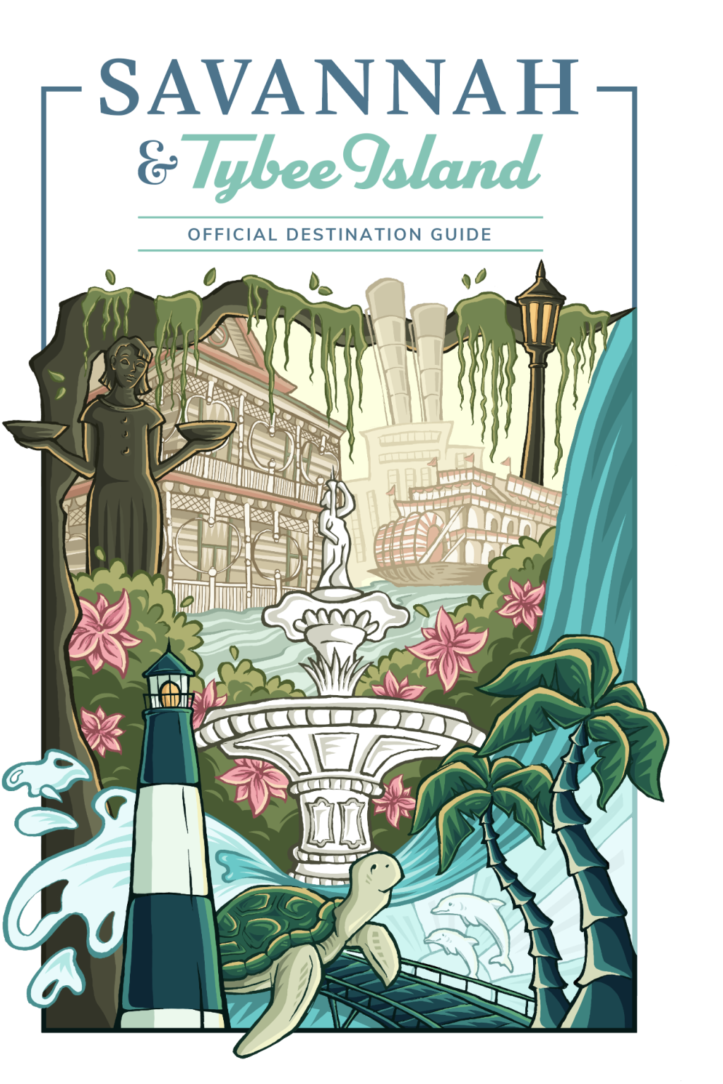 An illustrated cover with a fountain, sea turtle, water, lighthouse, palm trees, statue, boat and historic home