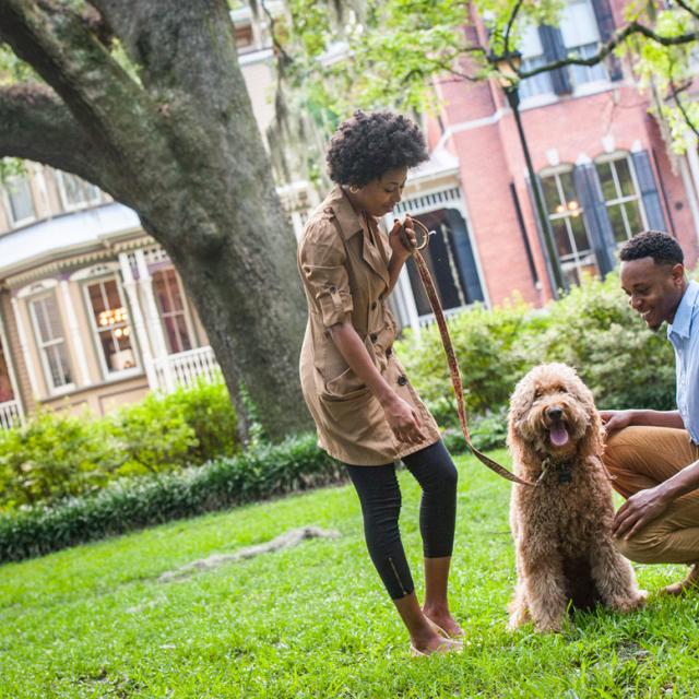 Couple in Forsyth Park with dog