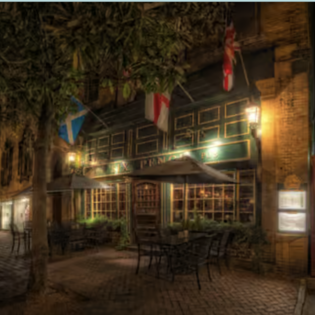 An eerie view of Six Pence Pub at night