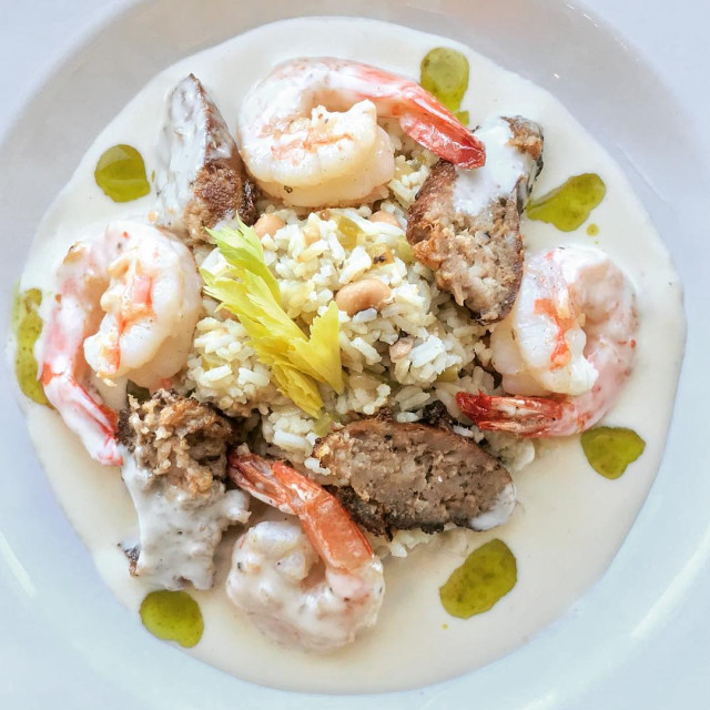 Vic’s on the River, shrimp, sausage and rice dish