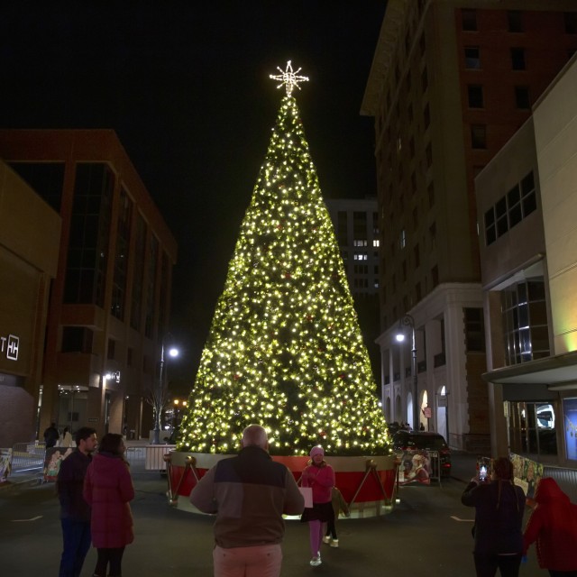 Christmas tree decorated in warm twinkling lights outdoors 