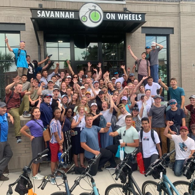 A group of students on a bike tour.