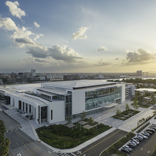 exterior of savannah convention center at sunset