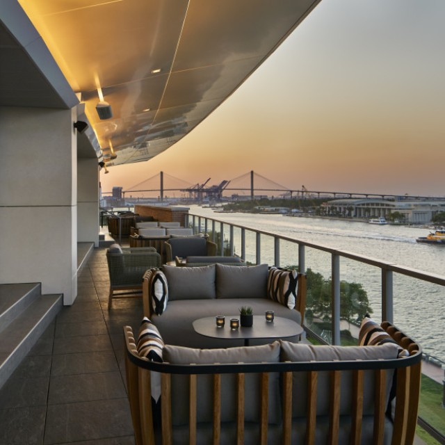 A rooftop bar overlooking the Savannah River.