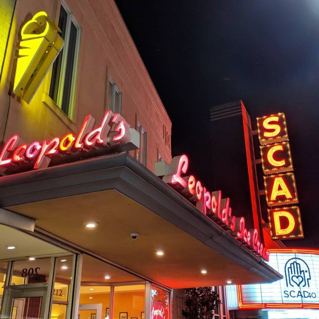 An outdoor evening shot of the front of Leopold’s Ice Cream in Savannah, GA.