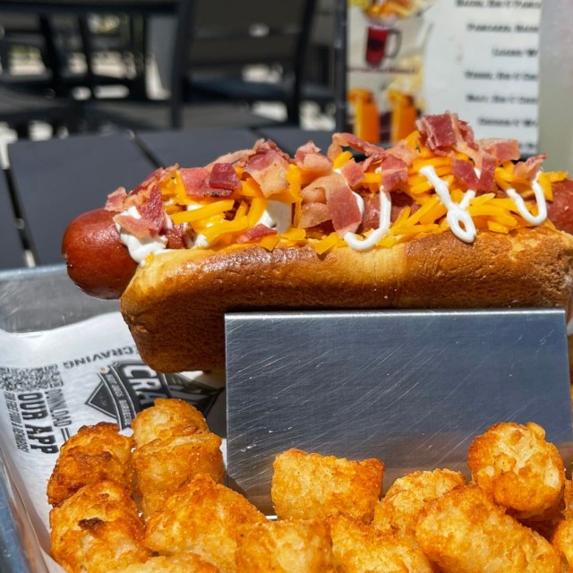 A loaded hotdog served with tater tots.