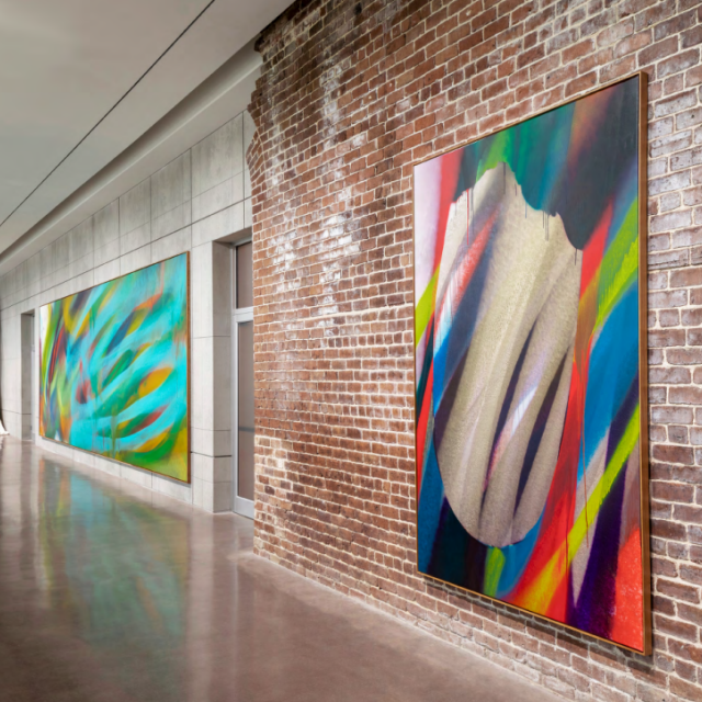 Large canvas prints on display in a gallery.