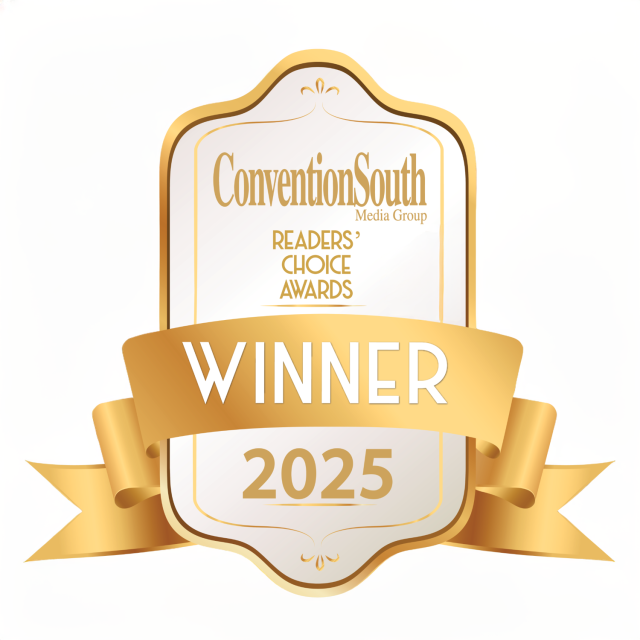 Gold and white badge graphic that reads “ConventionSouth Media Group Readers’ Choice Awards Winner 2025,” with a gold ribbon banner across the front.