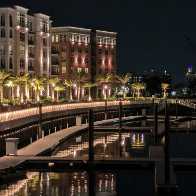 Marina dock at night in Savannah, GA.
