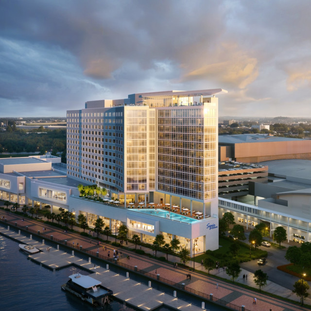 A rendering aerial image of the new Signia by Hilton Hotel along the Savannah River in Savannnah, GA