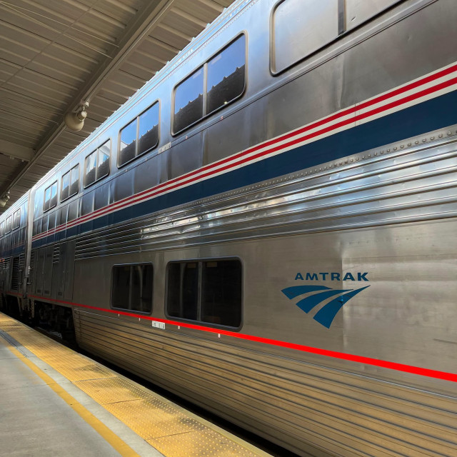 The exterior of an Amtrak Train.
