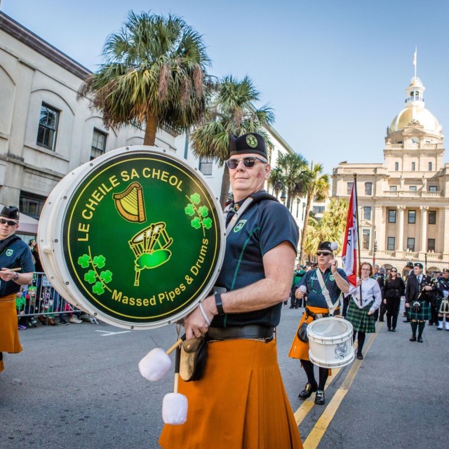 A drummer in Savannah's St. Patrick's Day Parade