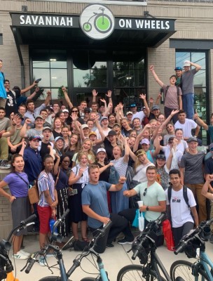 A group of students on a bike tour.