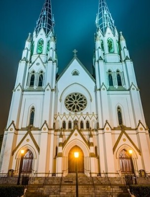 An eerie scene of a church at night.