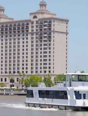 A ferry boat sailing in the Savannah River.