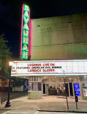 The Historic Savannah Theatre marquee lights up the Savannah skyline.