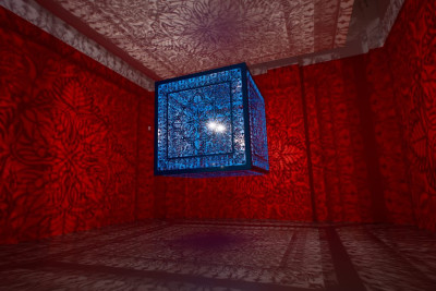 Anila Quayyum Agha (b. 1965); A Beautiful Despair, 2022; lacquered steel and halogen bulb; courtesy of the artist and Sundaram Tagore Gallery