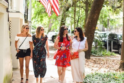 Girl group walking on Jones St., Savannah, GA