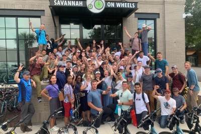 A group of students on a bike tour.