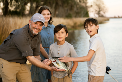 A family of four on the river showing their catch after a day of fishing.