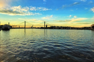 A sunset over River Street in Savannah, Georgia.