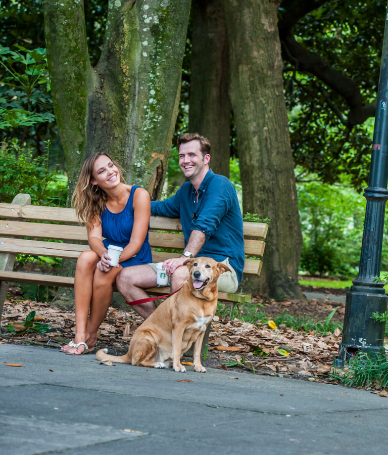 Couple with dog in Forsyth Park