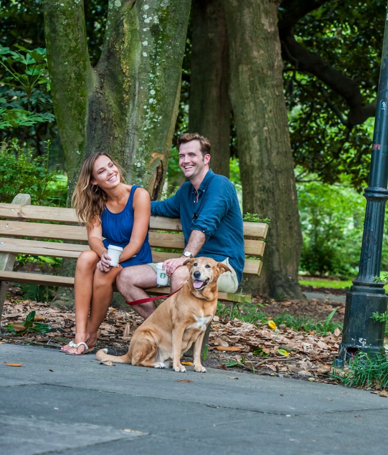 Couple with dog in Forsyth Park