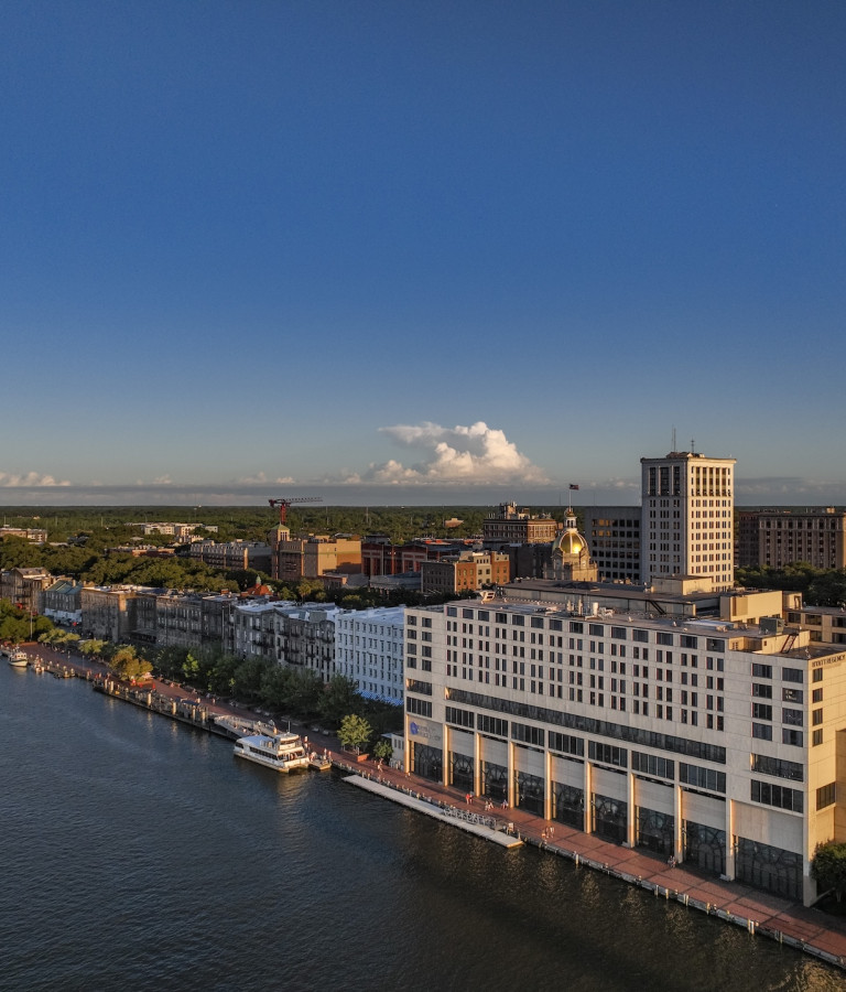 Aerial city view of Savannah from River Street
