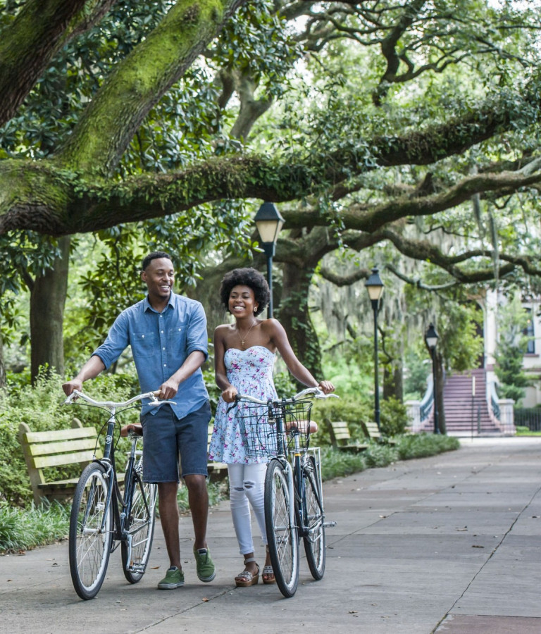 Biking in Forsyth Park in Savannah, Georgia.