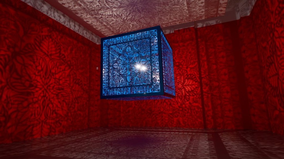 Anila Quayyum Agha (b. 1965); A Beautiful Despair, 2022; lacquered steel and halogen bulb; courtesy of the artist and Sundaram Tagore Gallery