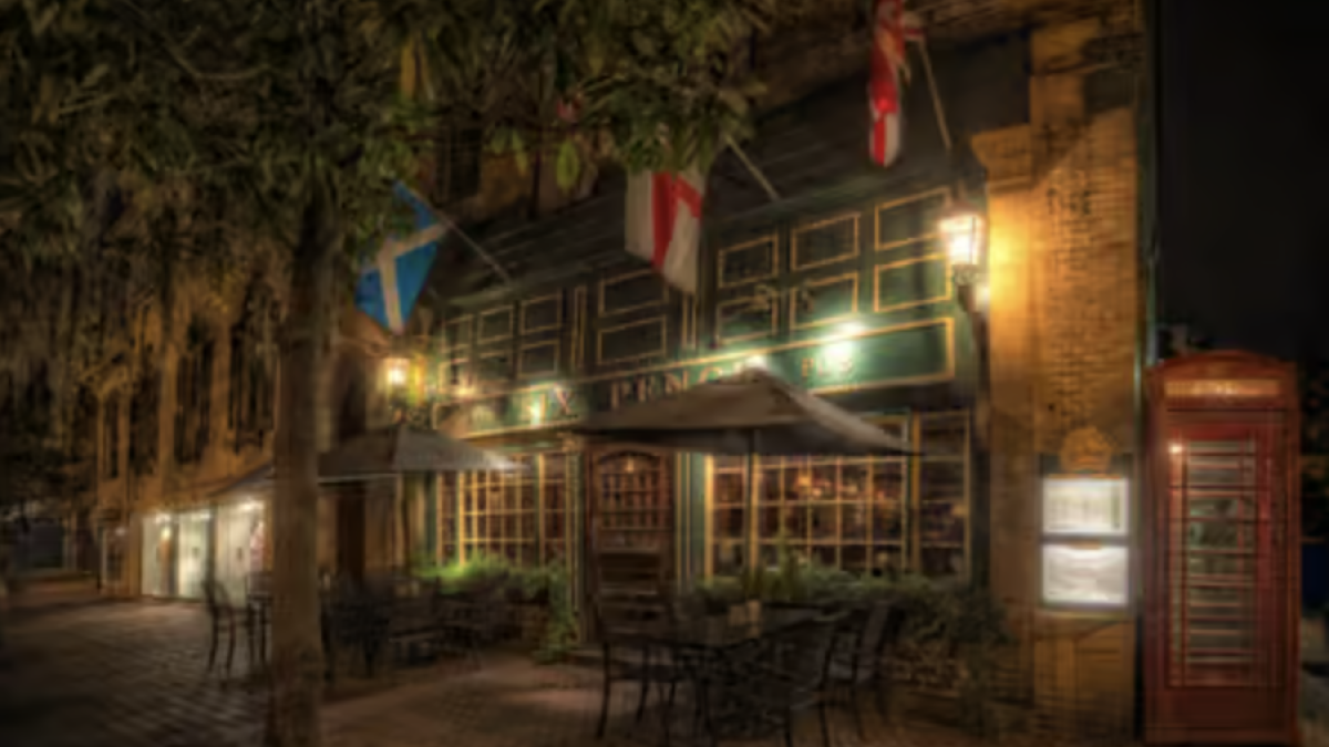 An eerie view of Six Pence Pub at night