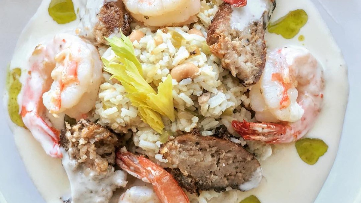 Vic’s on the River, shrimp, sausage and rice dish