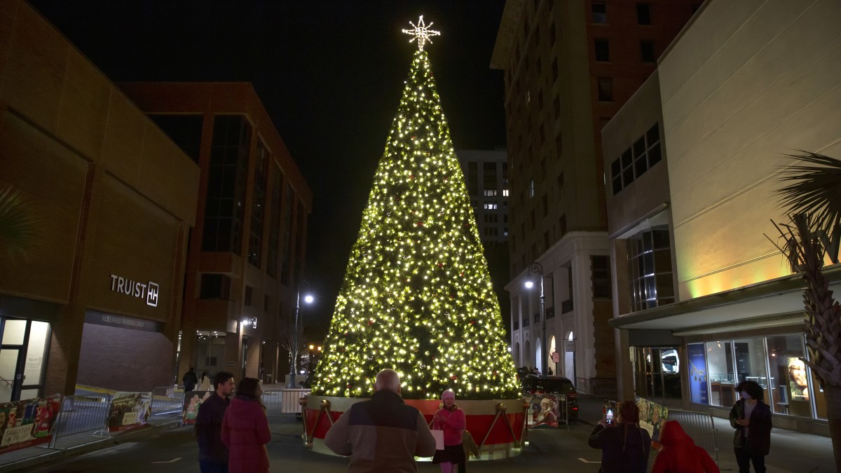 Christmas tree decorated in warm twinkling lights outdoors