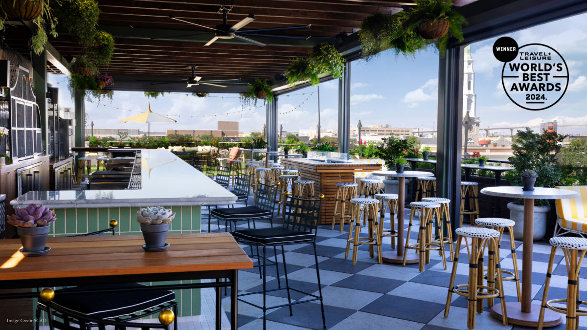 Peregrin rooftop bar view of bar, seating and skyline