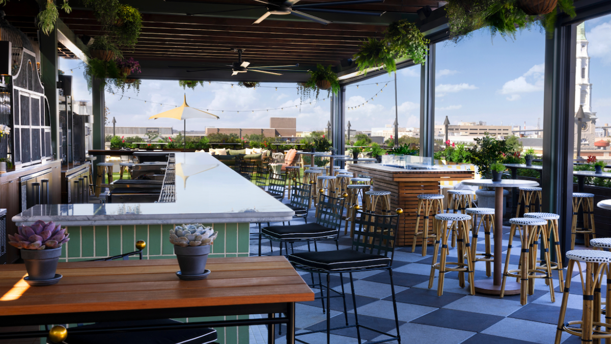 Peregrin rooftop bar view of seating and skyline