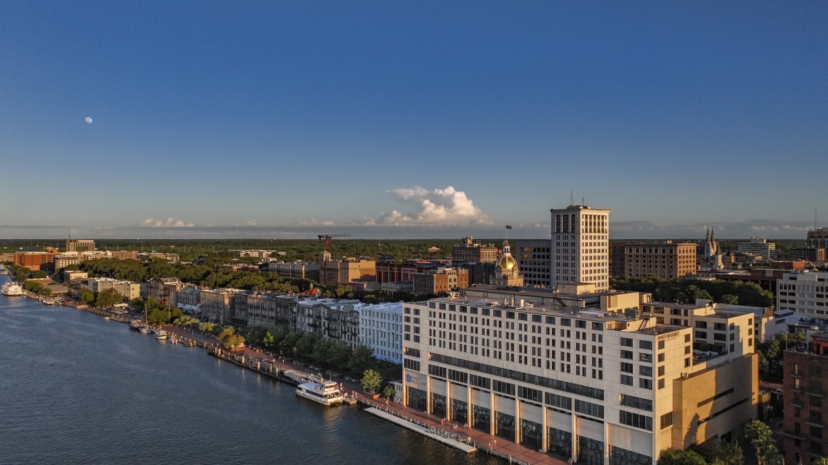 Aerial city view of Savannah from River Street