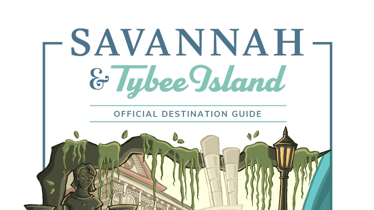 An illustrated cover with a fountain, sea turtle, water, lighthouse, palm trees, statue, boat and historic home