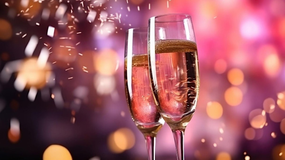 Two champagne glasses with shimmers of fireworks in the background