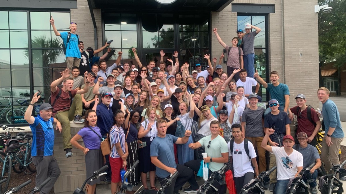 A group of students on a bike tour.