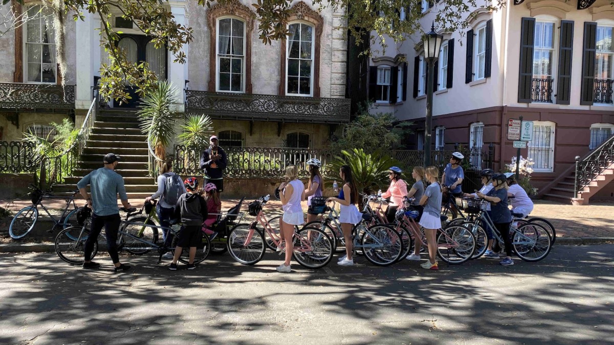 A group of people on a bike tour.