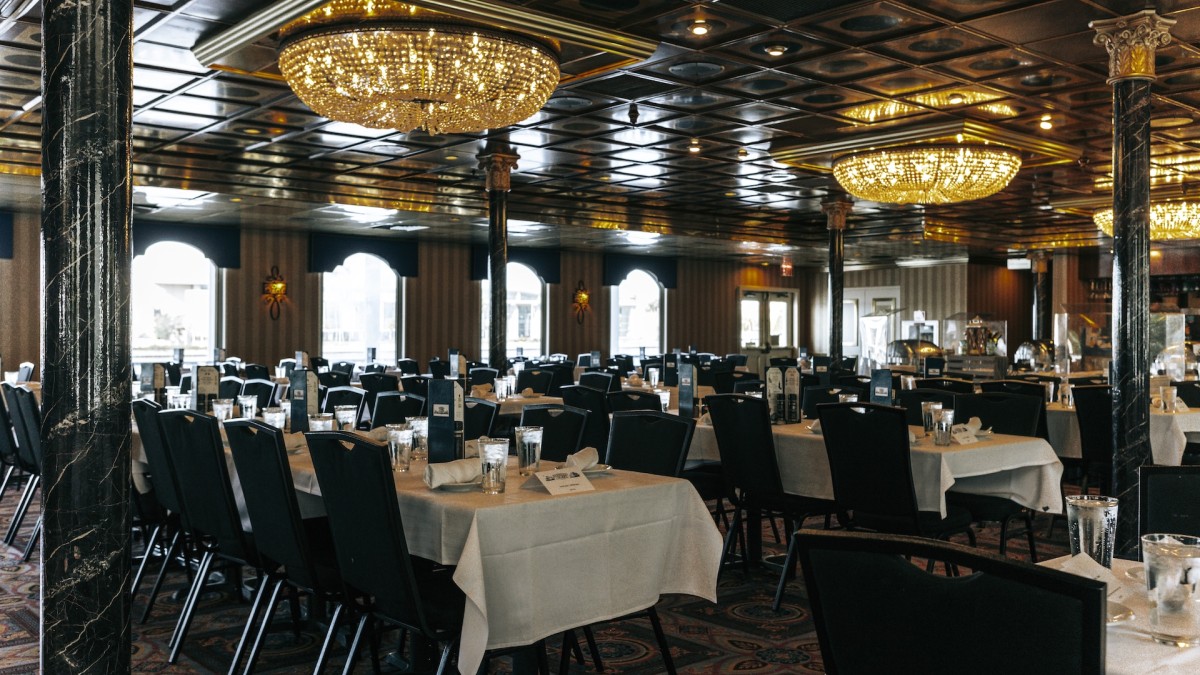A large riverboat indoor dining area.