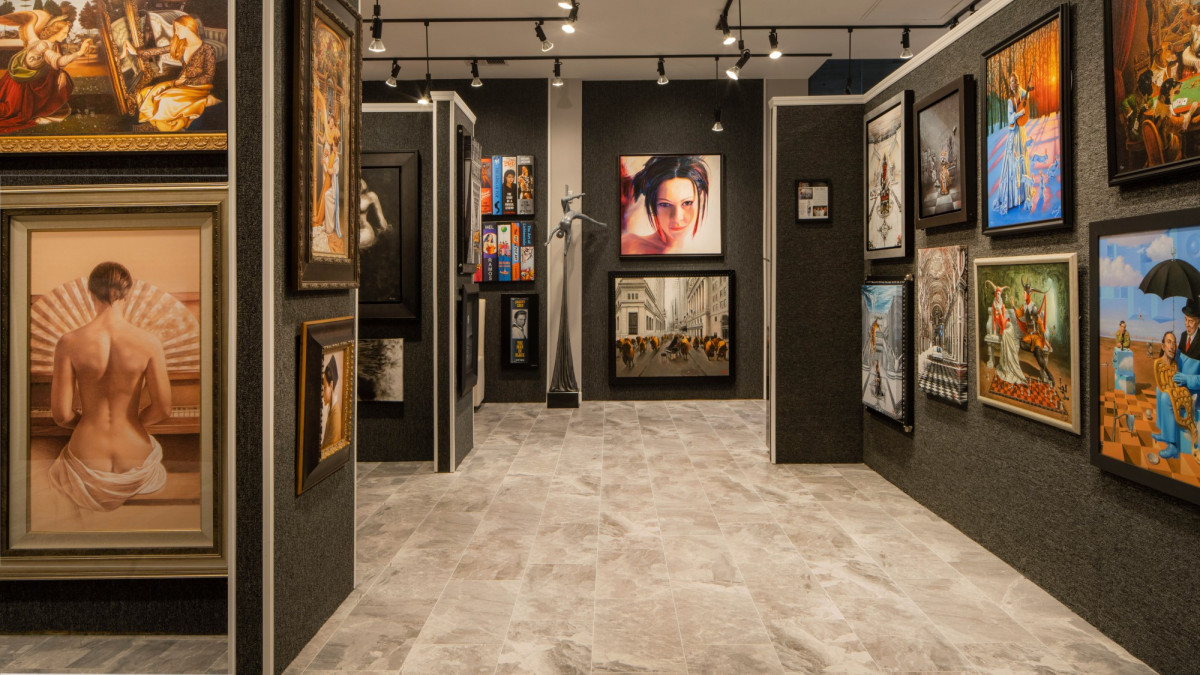 A retail gallery with walls of fine art.
