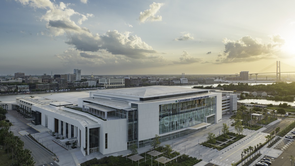 exterior of savannah convention center at sunset
