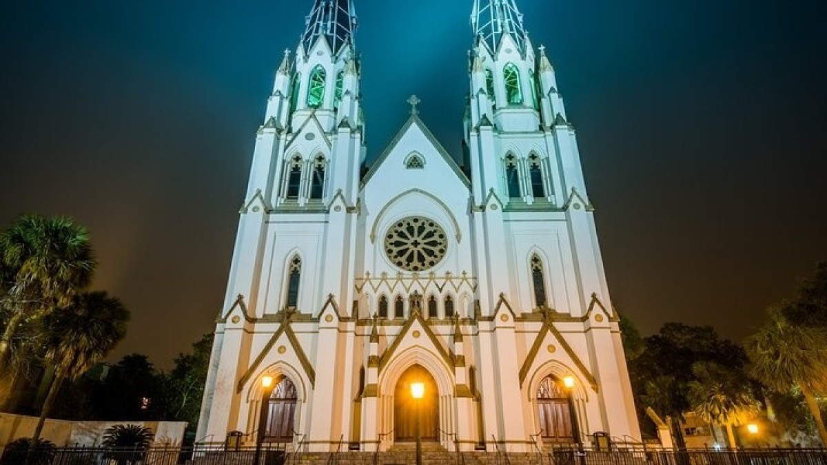 An eerie scene of a church at night.
