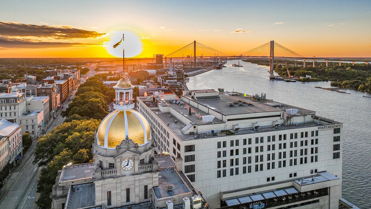 An aerial view of Savannah City Hall at sunset.