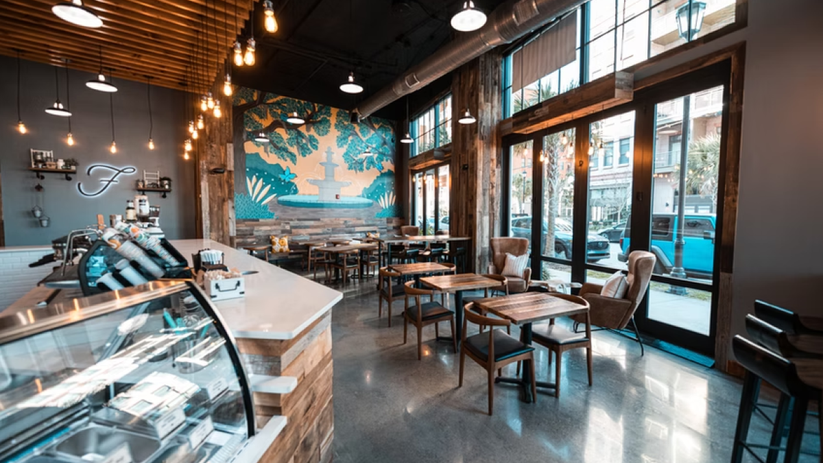 A riverside coffee shot with floor to ceiling windows.