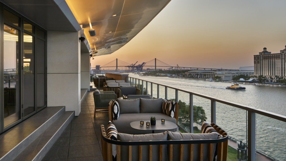 A rooftop bar overlooking the Savannah River.