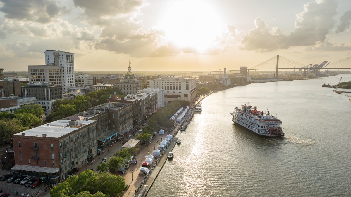 riverboat on the Savannah River at sunset