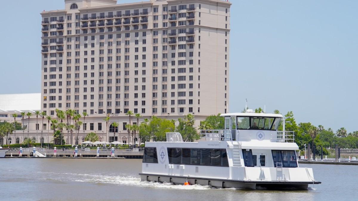 A ferry boat sailing in the Savannah River.
