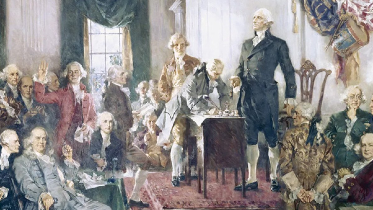 A painting of the founders of the American Constitution.